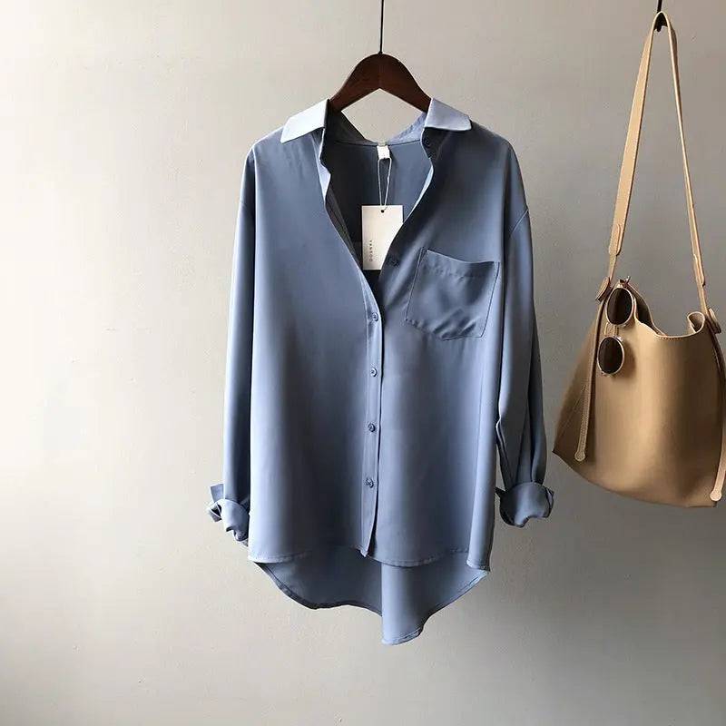 Korean Chic Solid Color Long Sleeve Collared Shirt for Women  S Elegant Blue 