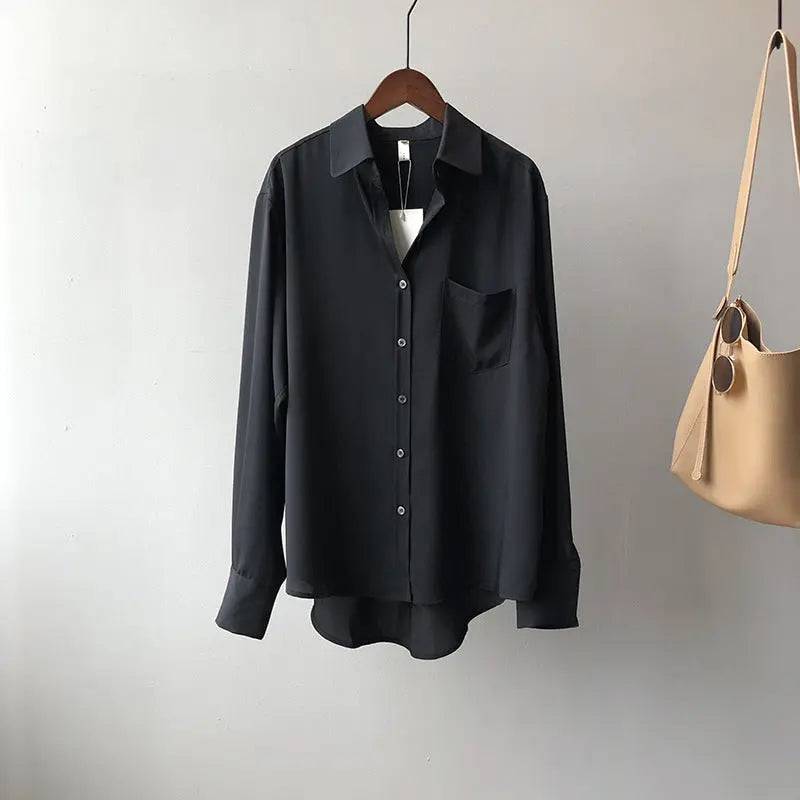 Korean Chic Solid Color Long Sleeve Collared Shirt for Women  S Black 