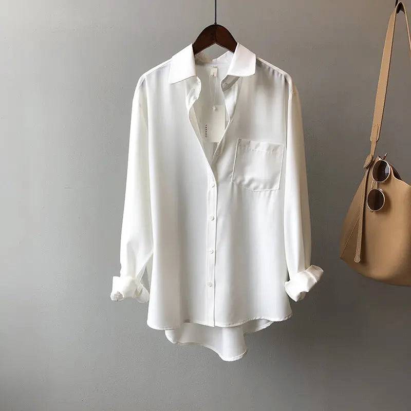 Korean Chic Solid Color Long Sleeve Collared Shirt for Women  S Pearl White 