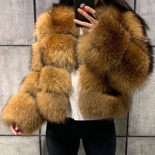 Faux Fur Stitched Women's Elegant Coat  S 4 Sections of Raccoon Hair 