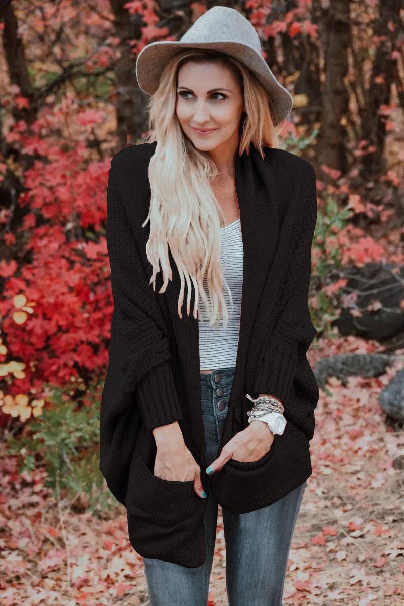 Oversized Knit Cardigan Sweater with Batwing Sleeves for Winter  S Black 