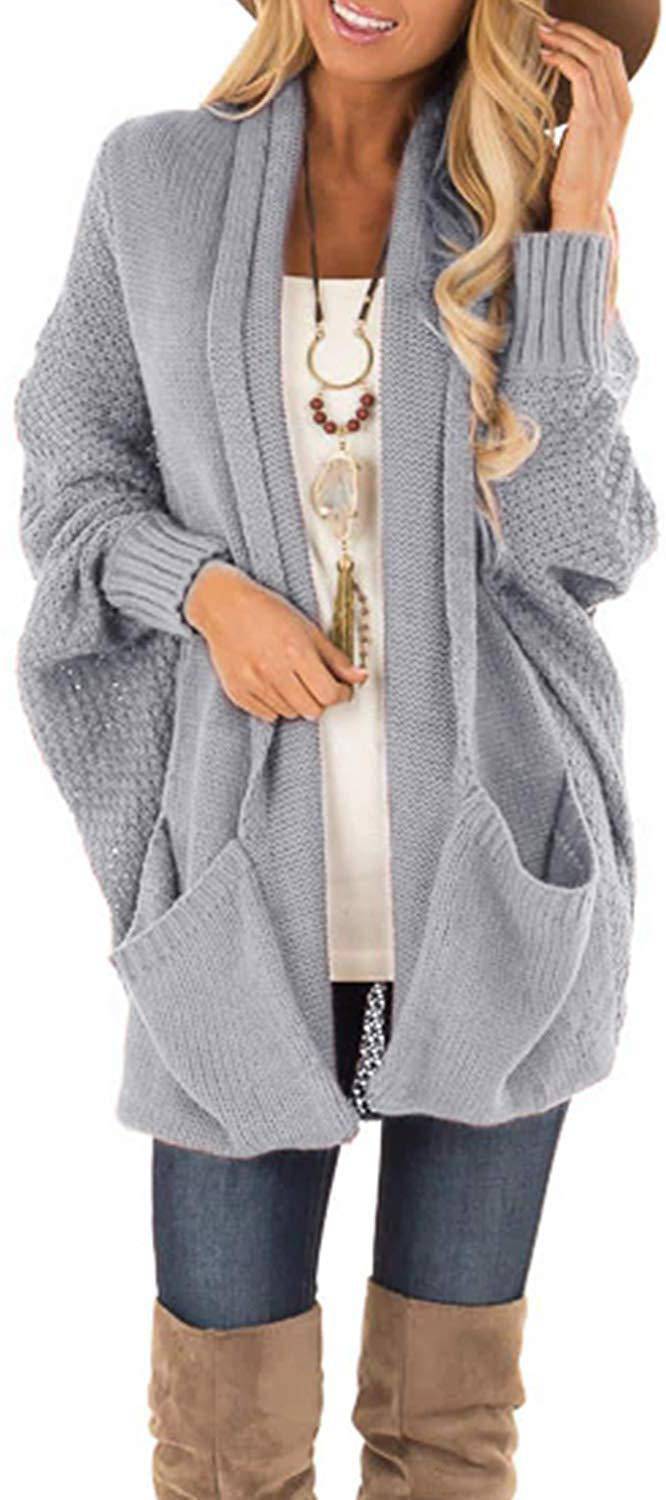 Oversized Knit Cardigan Sweater with Batwing Sleeves for Winter  S Gray 