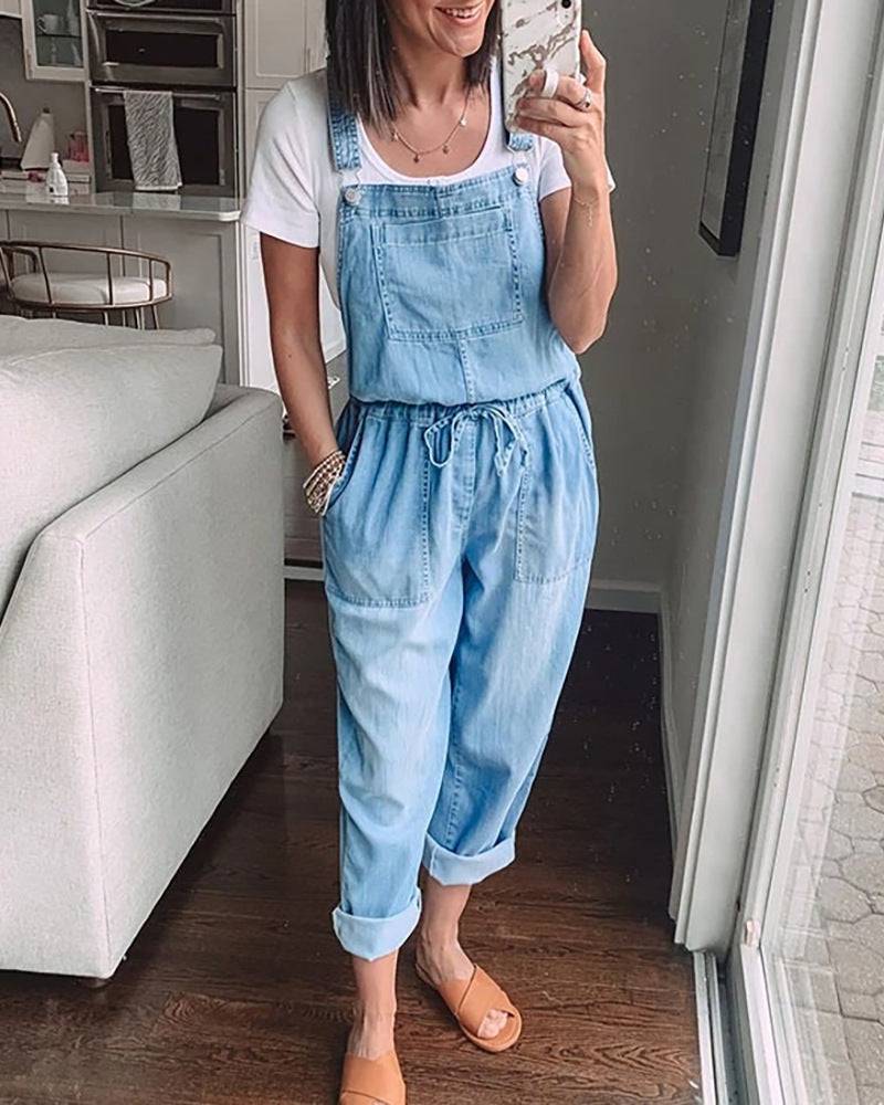 Women's Elastic Waist Denim Jumpsuit with Pockets  S light blue 