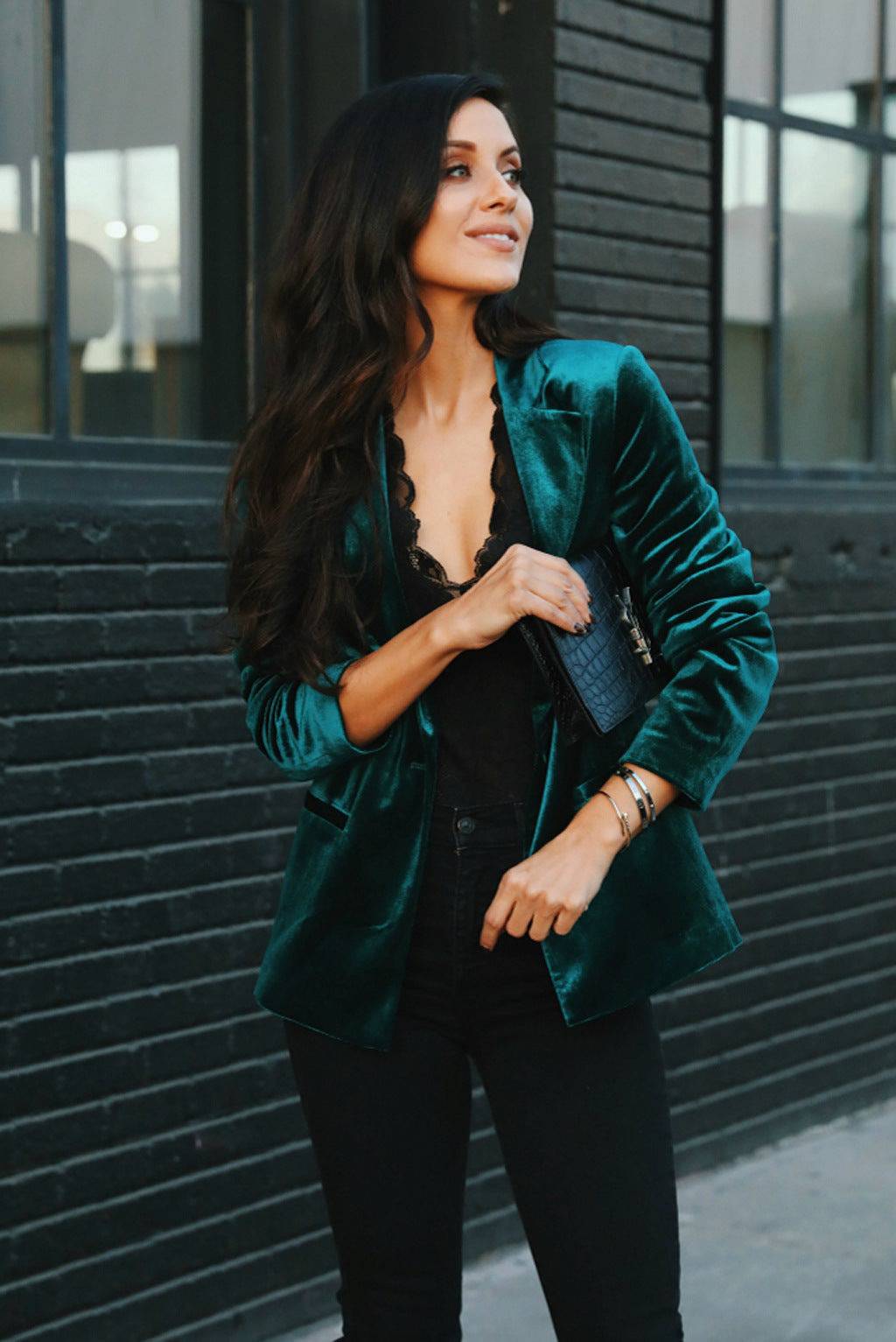 Elegant Slim Fit Pleuche Blazer for Women  S Green 