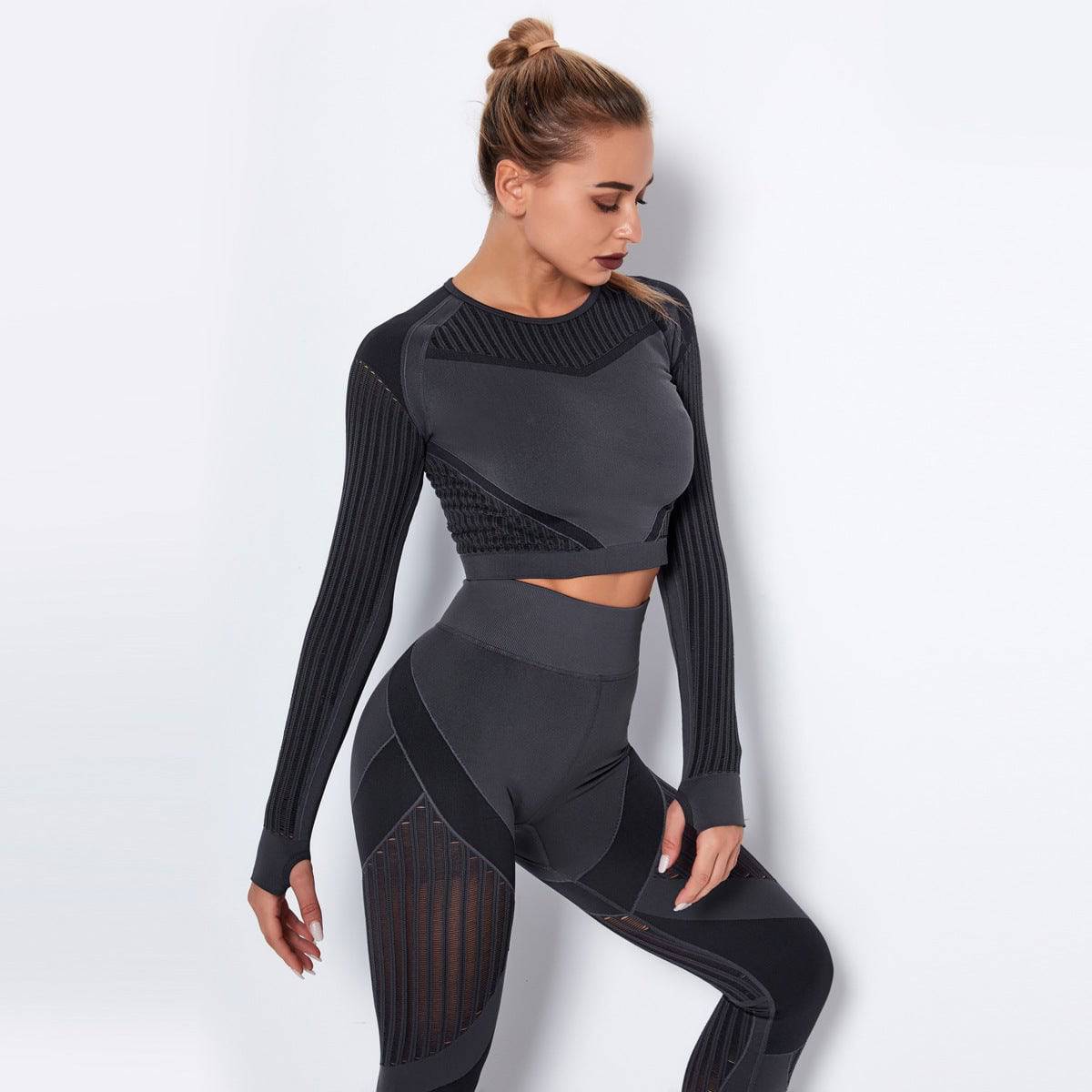 New Sports Skinny Hollow out Plastic Top Quick-Drying Running Yoga Clothes Seamless Workout Long Sleeve  XS Long Sleeve-Dark Gray 