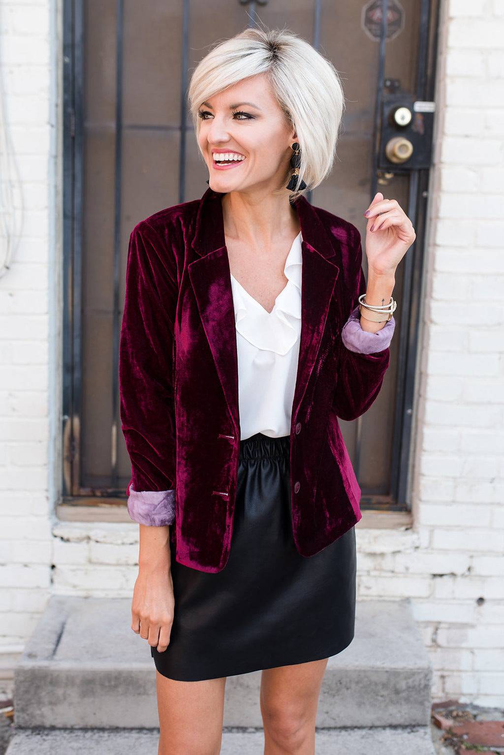 Elegant Slim Fit Pleuche Blazer for Women  S Burgundy 