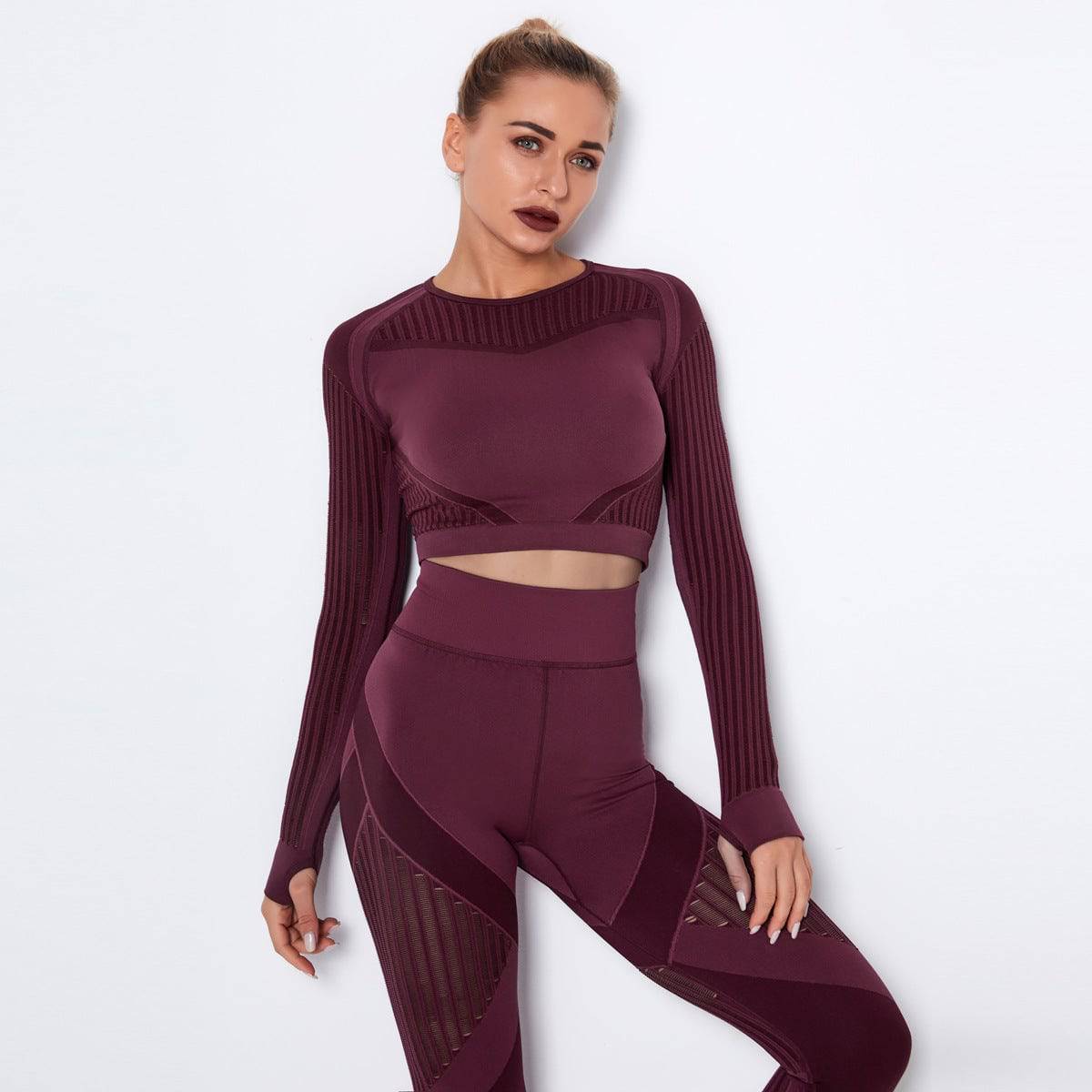 New Sports Skinny Hollow out Plastic Top Quick-Drying Running Yoga Clothes Seamless Workout Long Sleeve  XS Long Sleeve-Wine Red 