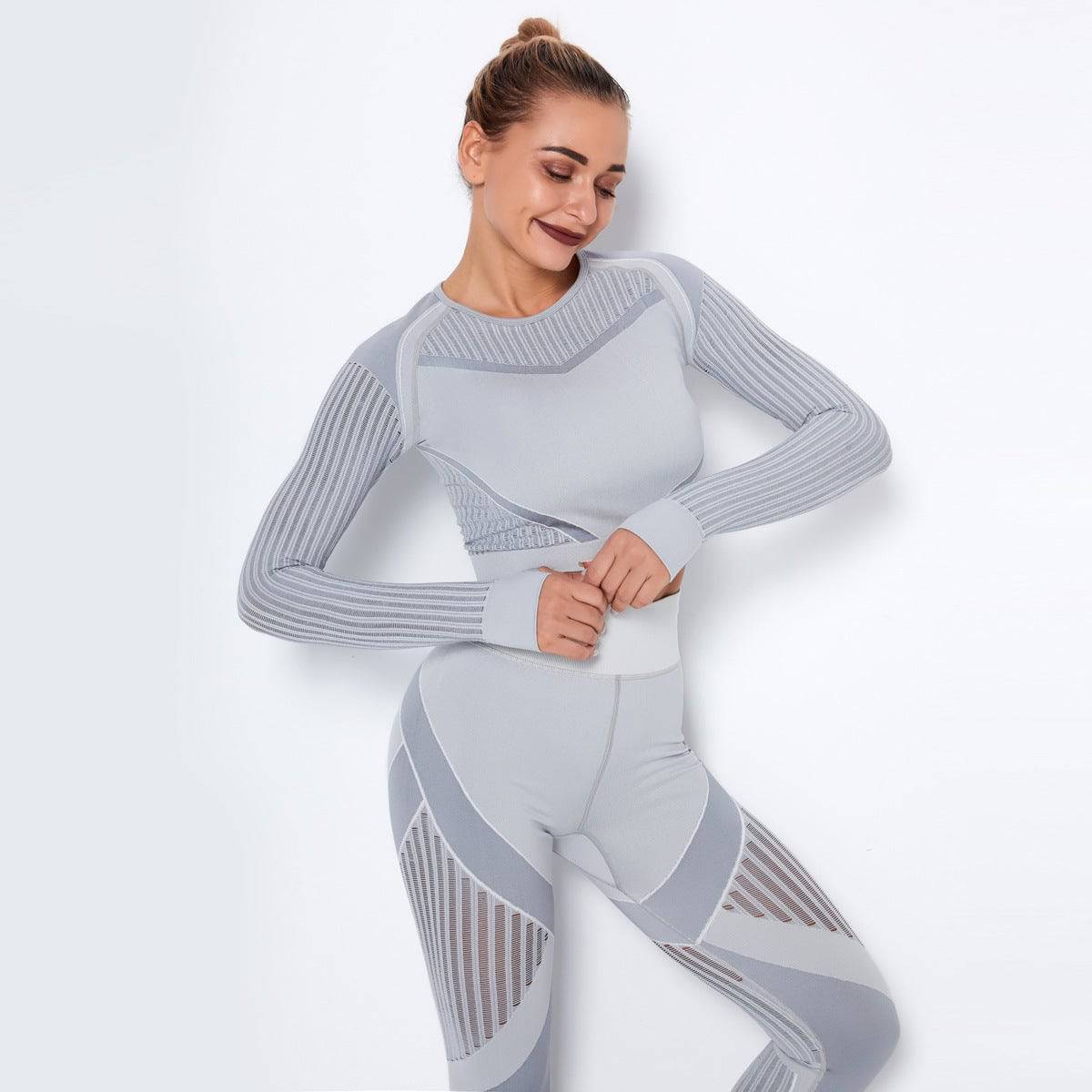 New Sports Skinny Hollow out Plastic Top Quick-Drying Running Yoga Clothes Seamless Workout Long Sleeve  XS Long Sleeve-Light Gray 