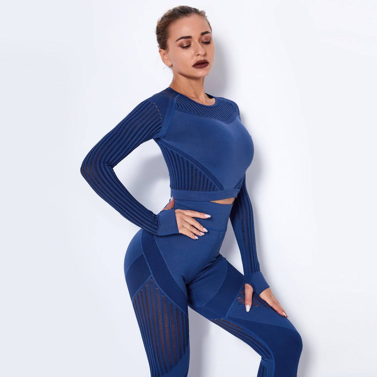 New Sports Skinny Hollow out Plastic Top Quick-Drying Running Yoga Clothes Seamless Workout Long Sleeve  XS Long Sleeve-Dark Blue 