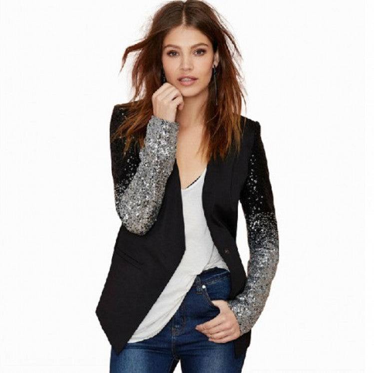 Sequin Embellished Plus Size Slim Fit Women's Blazer  S Black 