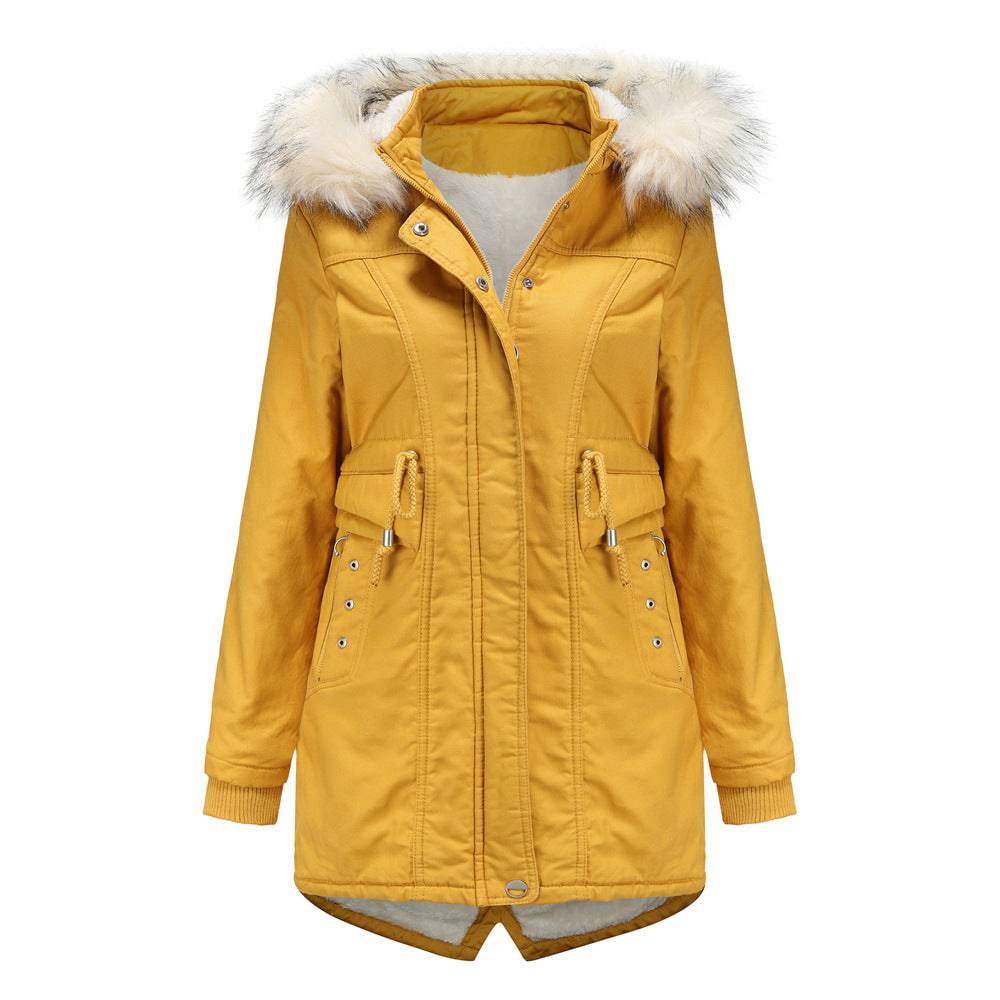 Winter Cotton-Padded Overcoat with Detachable Hat and Fur Collar for Women  M Yellow 