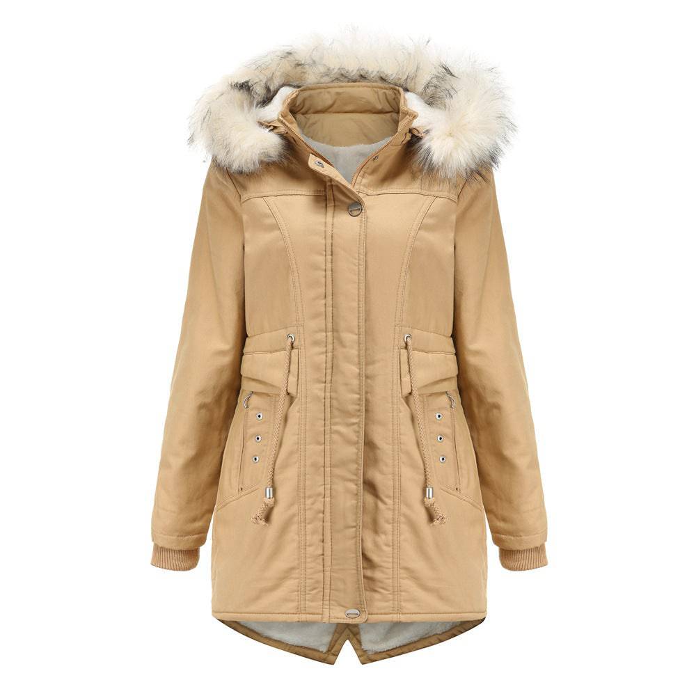 Winter Cotton-Padded Overcoat with Detachable Hat and Fur Collar for Women  M Khaki 