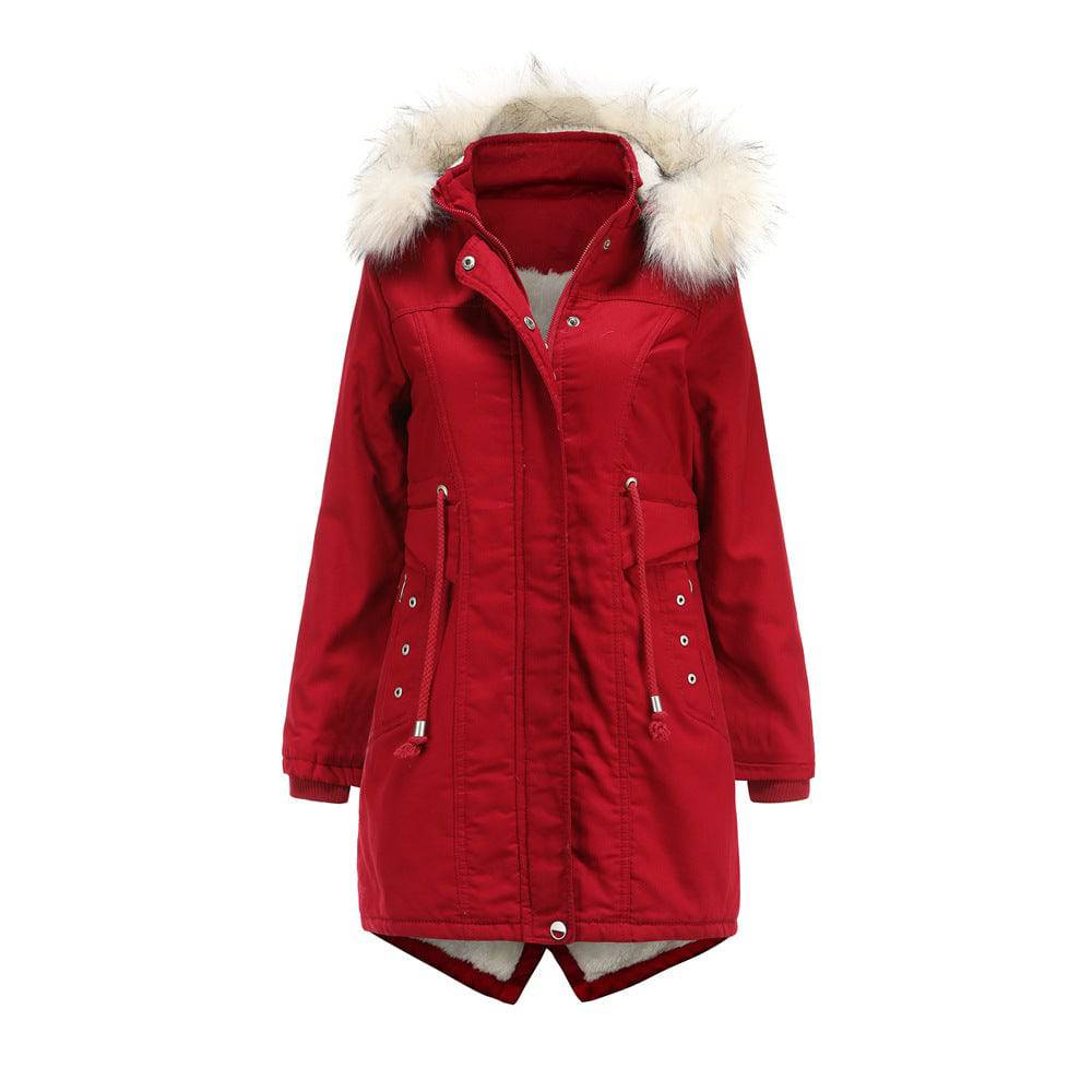 Winter Cotton-Padded Overcoat with Detachable Hat and Fur Collar for Women  M Red 