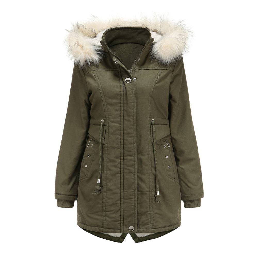 Winter Cotton-Padded Overcoat with Detachable Hat and Fur Collar for Women  M Army Green 