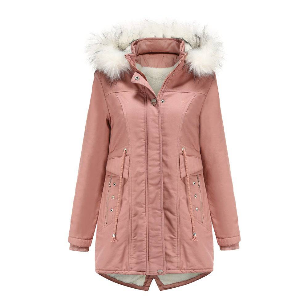 Winter Cotton-Padded Overcoat with Detachable Hat and Fur Collar for Women  M Pink 