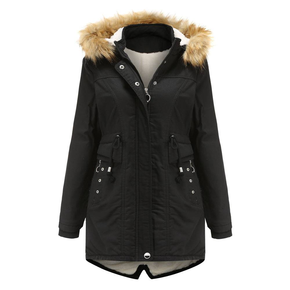 Winter Cotton-Padded Overcoat with Detachable Hat and Fur Collar for Women  M Black 