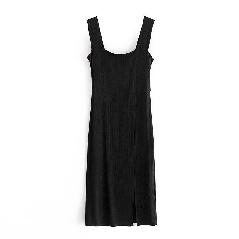 Elegant Square Cut Collar Knitted Thread Dress for Autumn Women  S Black 