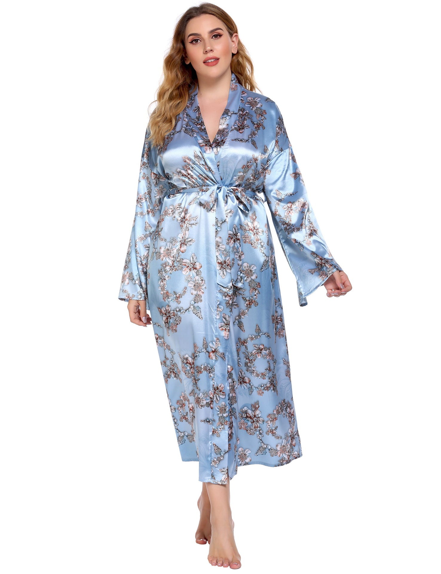 Plus Size Home Pajamas Silk Satin Printed Nightgown - Wild Amber Fashion