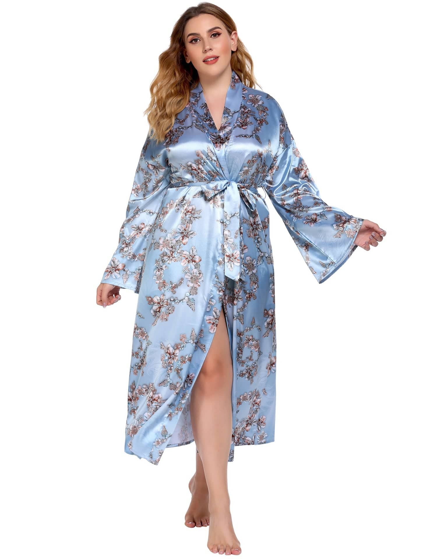 Plus Size Home Pajamas Silk Satin Printed Nightgown - Wild Amber Fashion