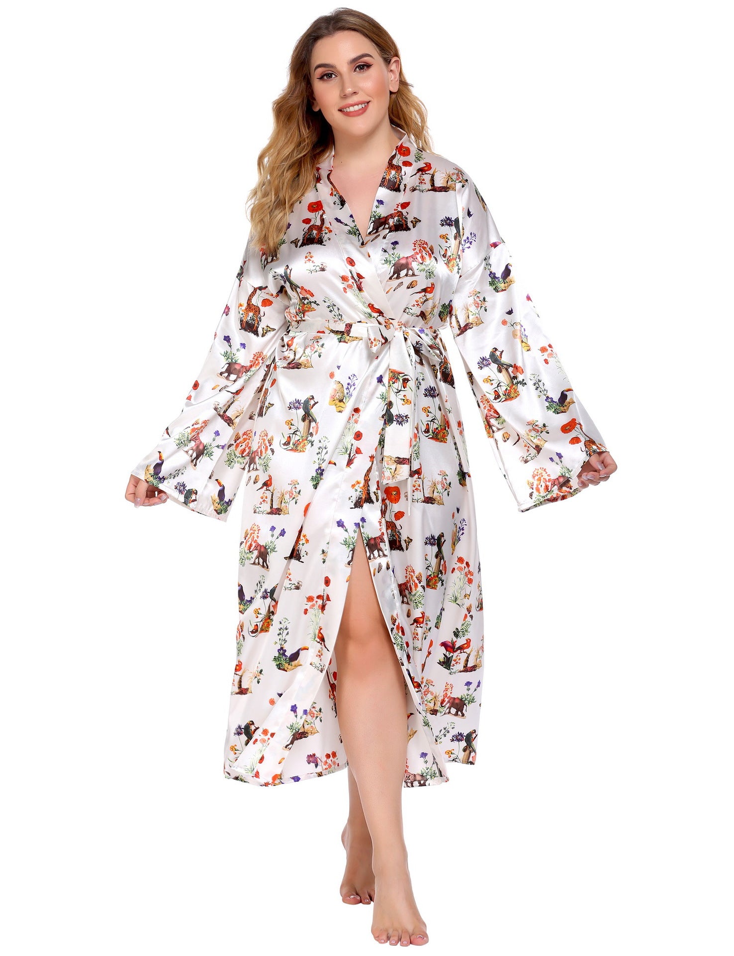 Plus Size Home Pajamas Silk Satin Printed Nightgown - Wild Amber Fashion