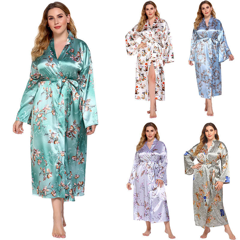 Plus Size Home Pajamas Silk Satin Printed Nightgown - Wild Amber Fashion