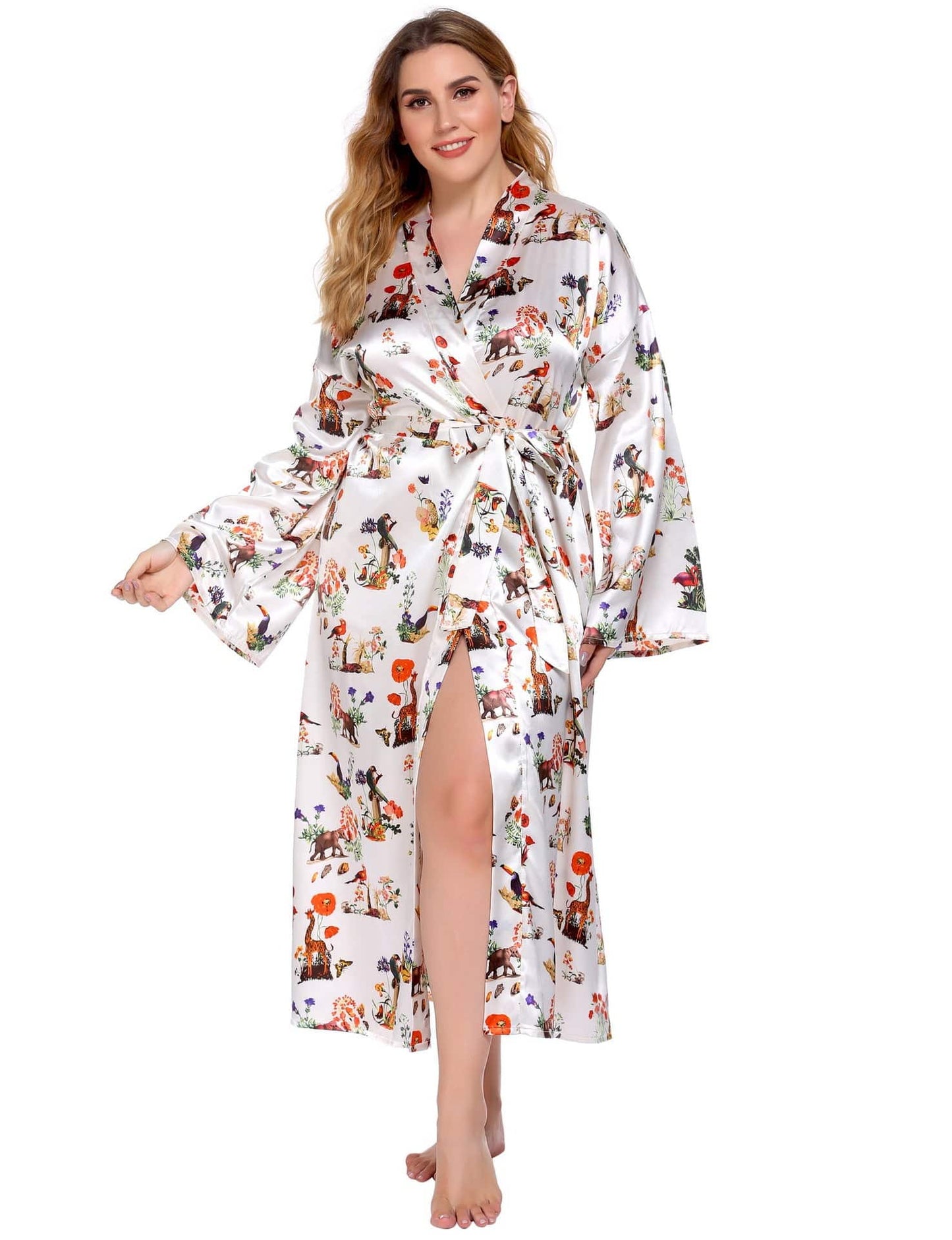 Plus Size Home Pajamas Silk Satin Printed Nightgown - Wild Amber Fashion