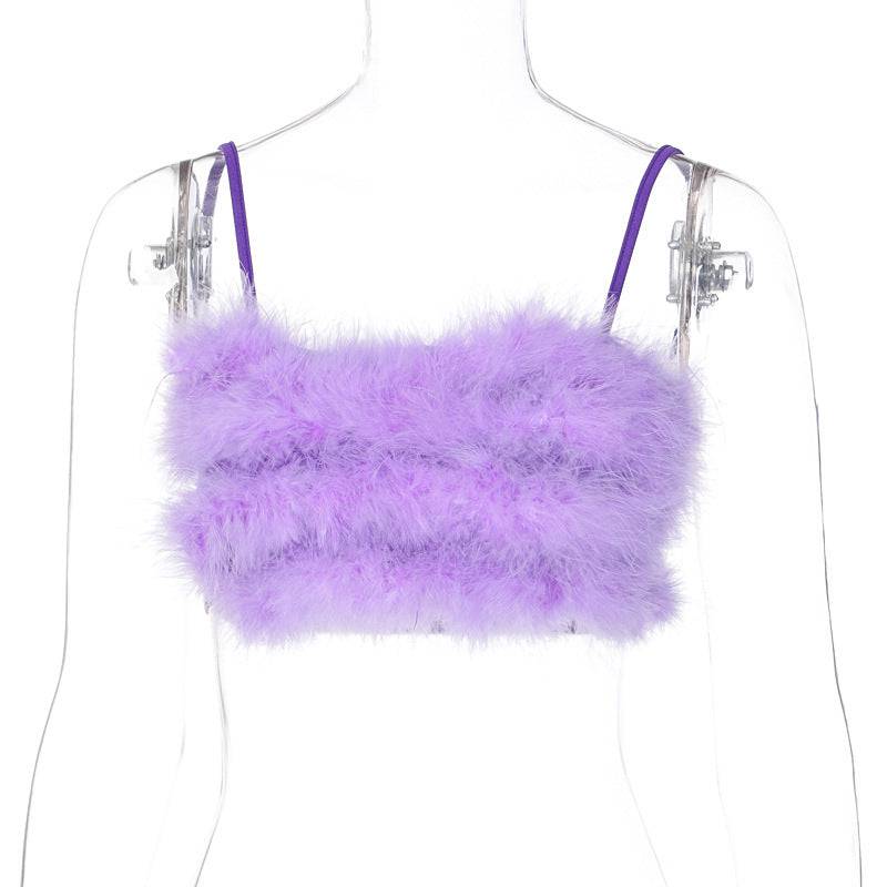 Fluffy Off-Shoulder Crop Camisole for Women's Summer and Autumn  S Purple 