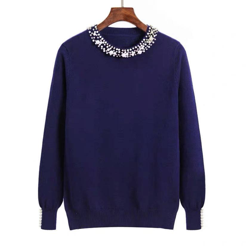 Stylish Beaded V-Neck Sweater with Rhinestones for Women  One Size royal blue 