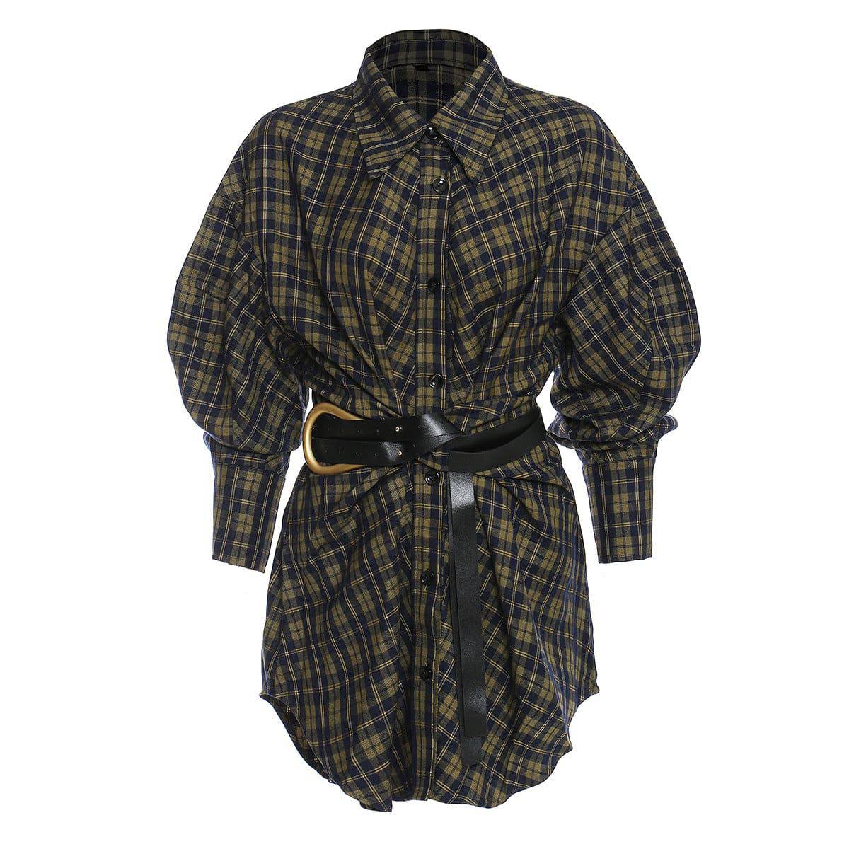 Stylish Plaid Shirt Dress with Belt - Retro Korean Design for Women  One Size Yellow & blue & plaid 