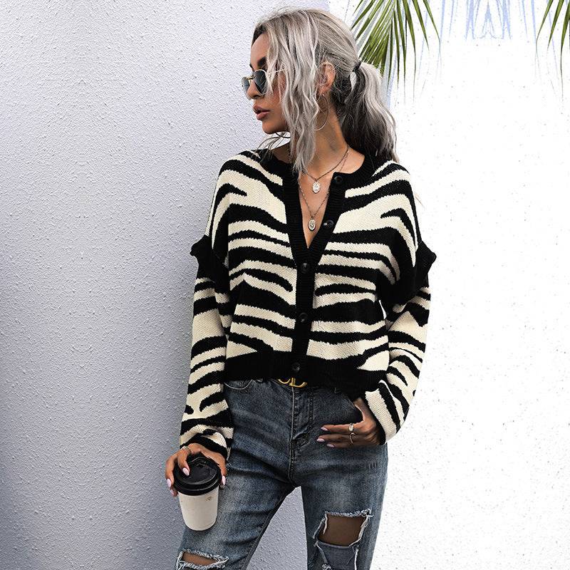 Zebra Print Knit Cardigan Sweater for Women  S Black 