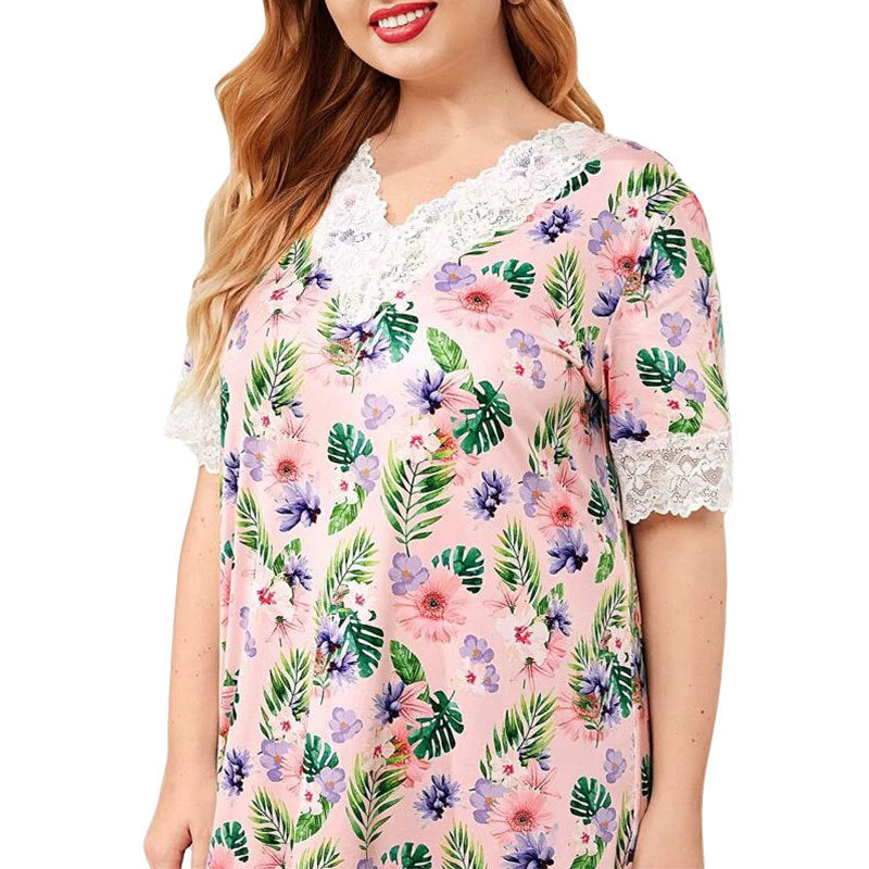 Plus Size Women Clothes Dress Milk Silk Printed Short Sleeve Lace Patchwork Maxi Dress Women - Wild Amber Fashion