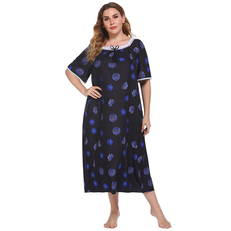 Plus Size Homewear Pajamas Lace Stitching Short Sleeve Printed Nightdress Women - Wild Amber Fashion