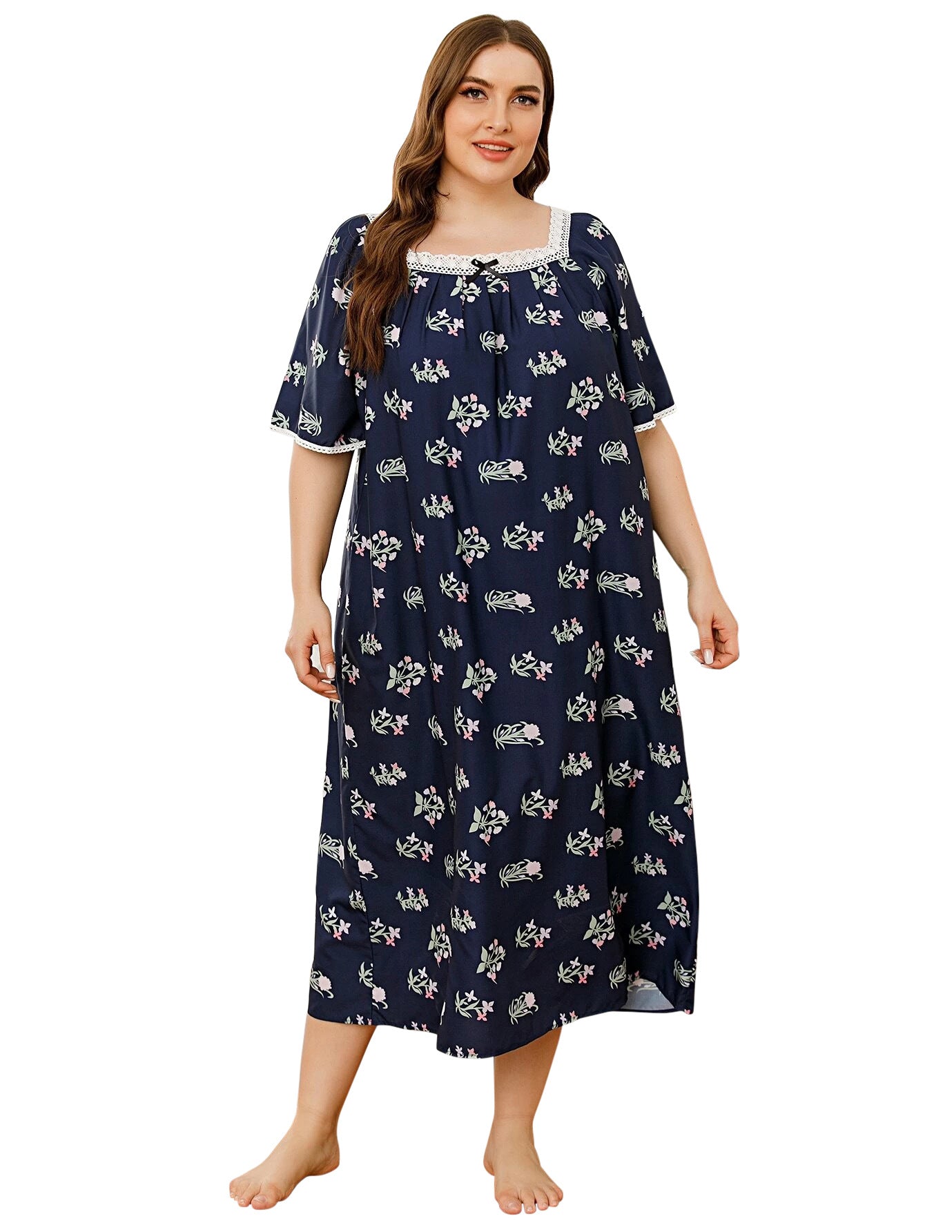 Plus Size Homewear Pajamas Lace Stitching Short Sleeve Printed Nightdress Women - Wild Amber Fashion