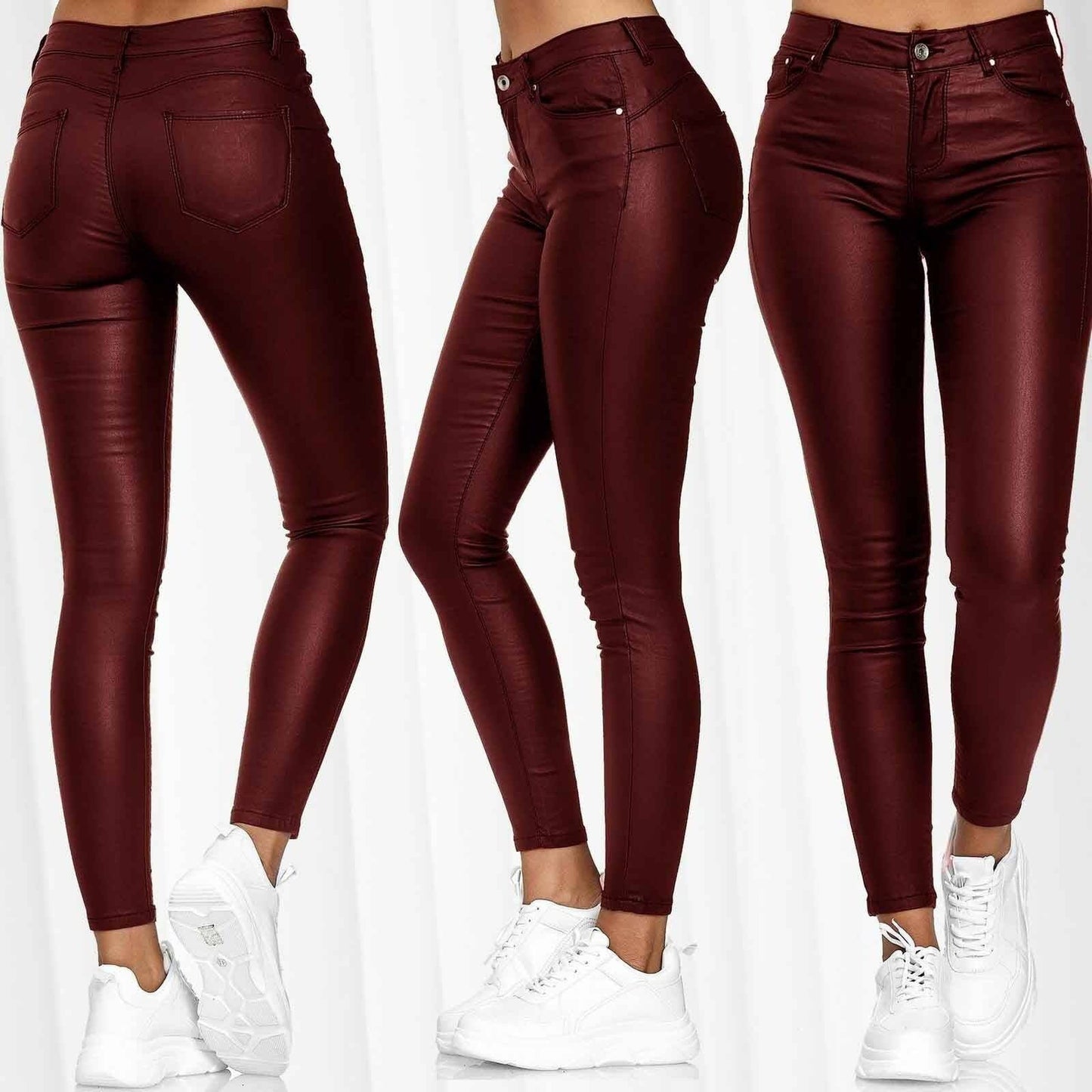 New Popular Womens Clothing Casual Pants Skinny Pants Faux Leather Pants  S Burgundy 