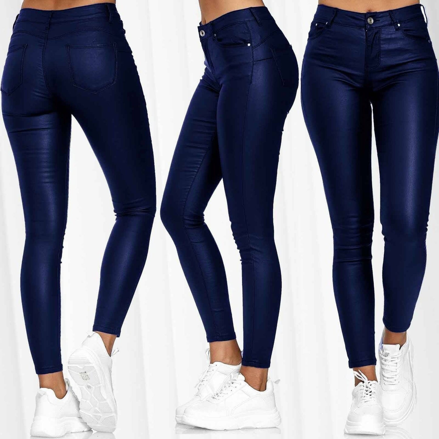 New Popular Womens Clothing Casual Pants Skinny Pants Faux Leather Pants  S Blue 