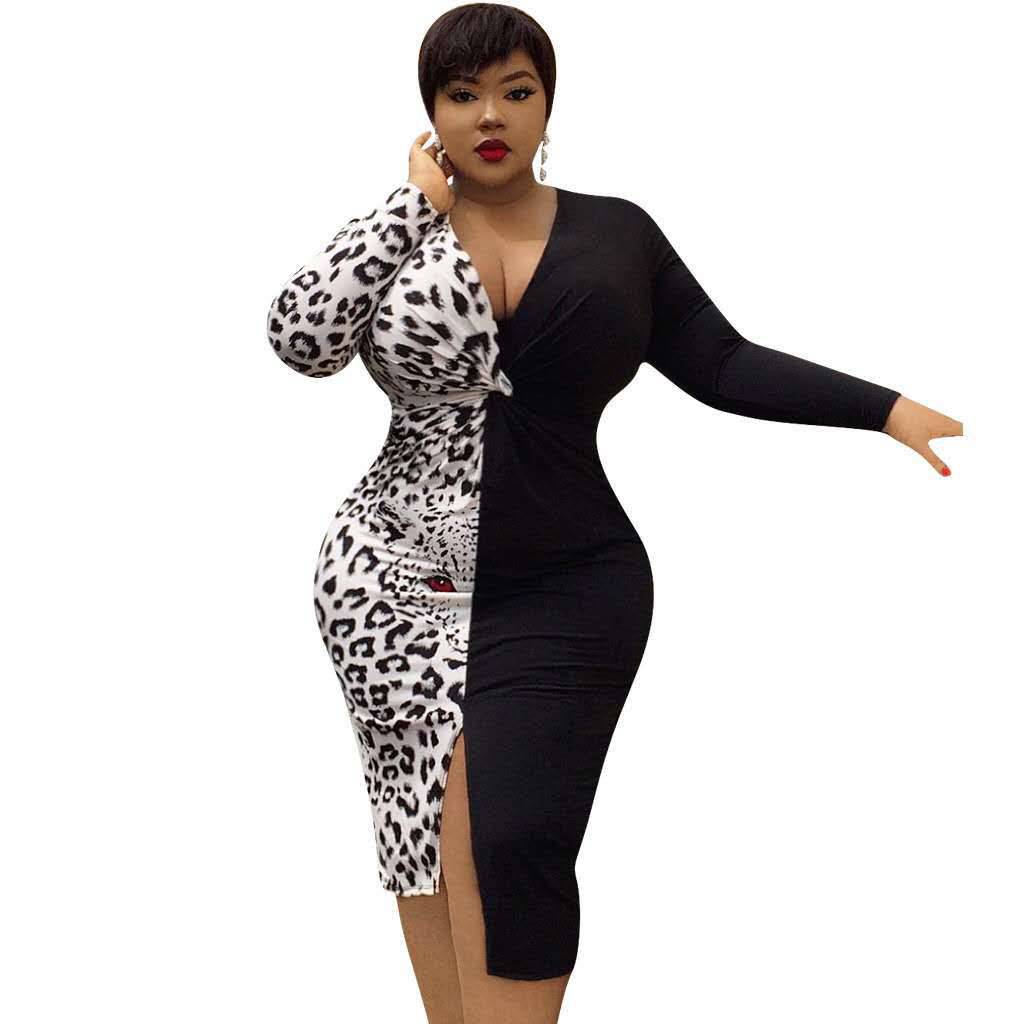 Plus Size Women's Stylish Long Sleeve Autumn Winter Dress  XL Black and White 