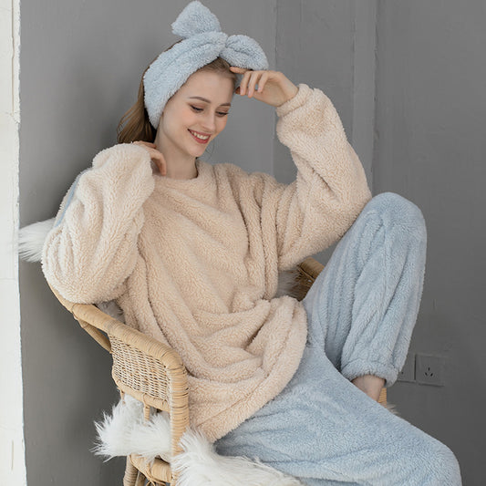 Coral Velvet Pajamas Autumn Winter Plus Size Thickened Fleece-Lined Loungewear Long-Sleeved Women Flannel Pajamas - Wild Amber Fashion