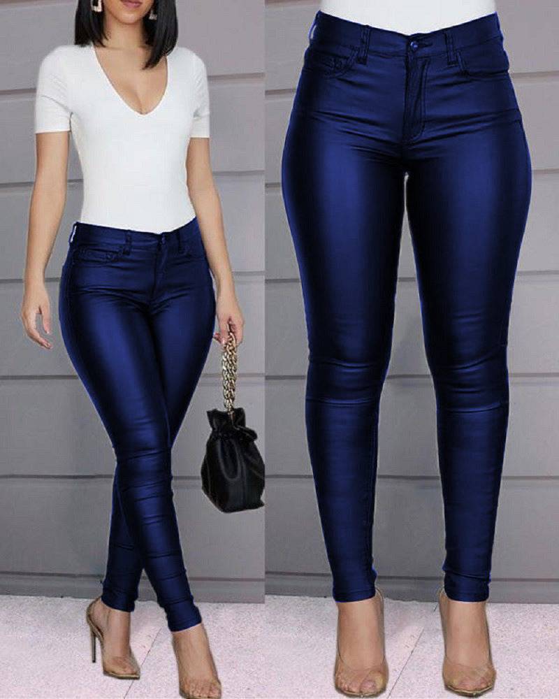 Stylish High-Rise Faux Leather Pants for Women  S Blue 