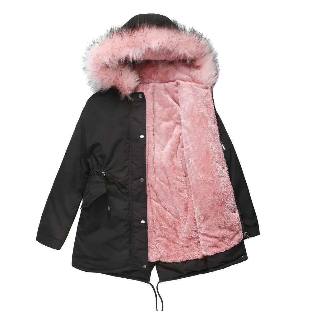 Winter Warm Fur Collar Mid-Length Hooded Women's Cotton-Padded Coat  S Black Pink 