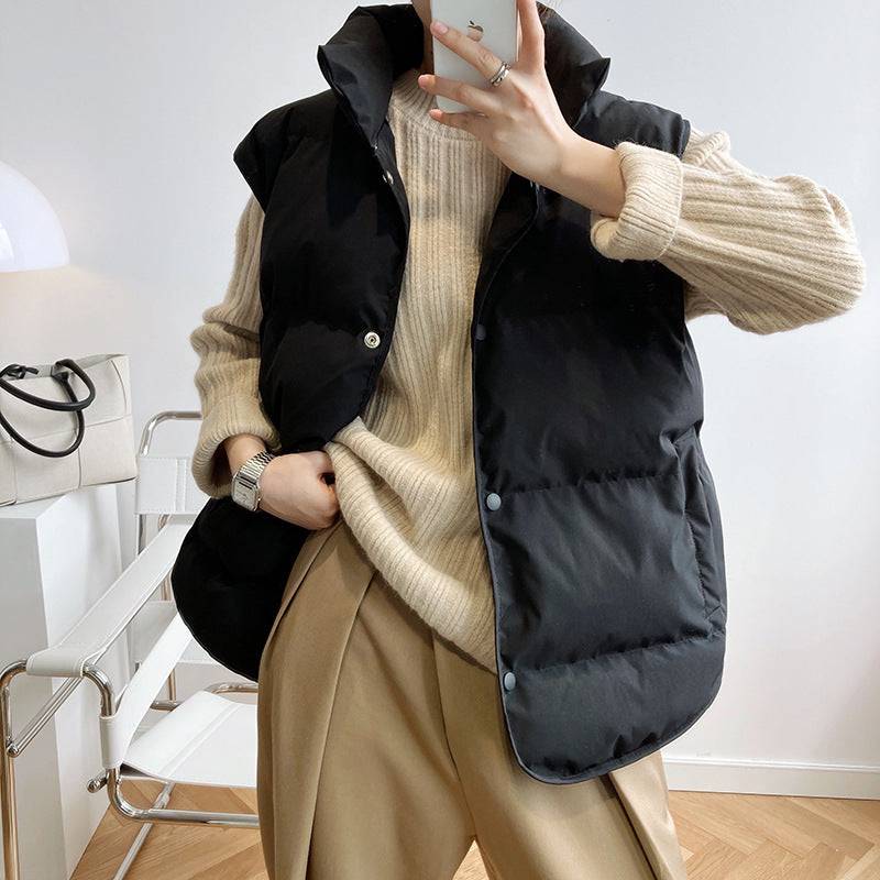 Korean down Cotton Vest Women Short Autumn Winter Loose Outer Wear Cotton Padded Jacket Vest Cotton Vest Coat  S Black 