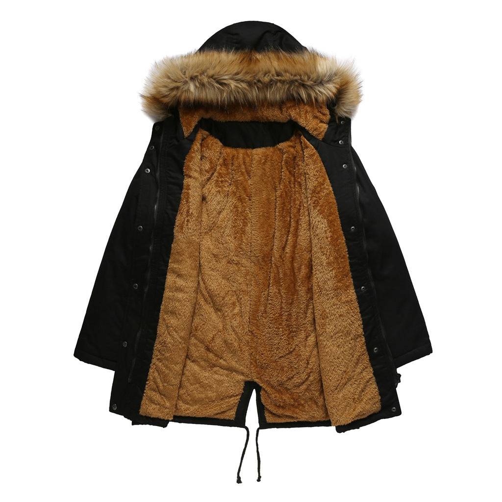 New Size Fleece Lined Coat Hooded Fur Collar Winter Warm Coat Plus Size Women Cotton-Padded Jacket  S Black 