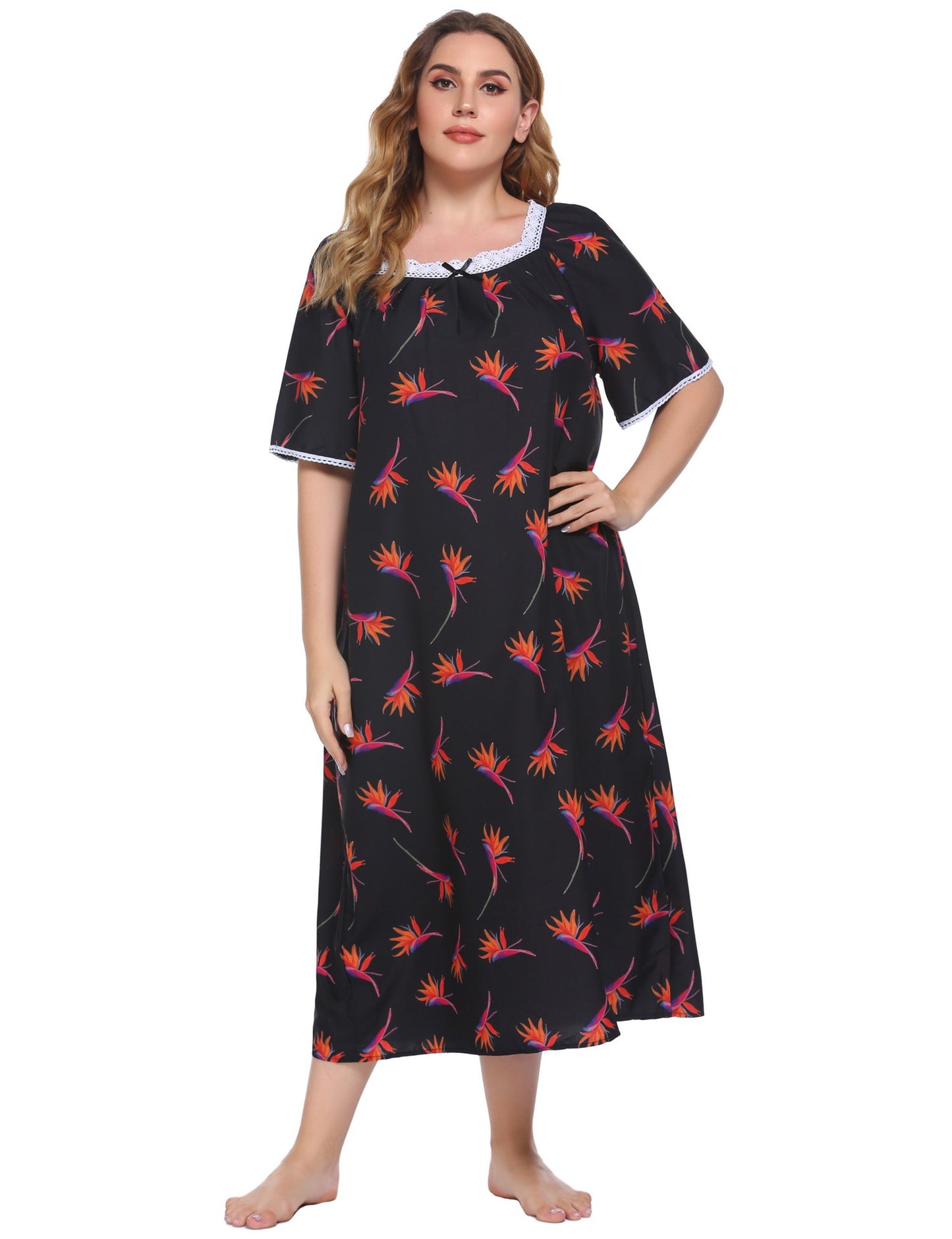 Plus Size Homewear Pajamas Lace Stitching Short Sleeve Printed Nightdress Women - Wild Amber Fashion