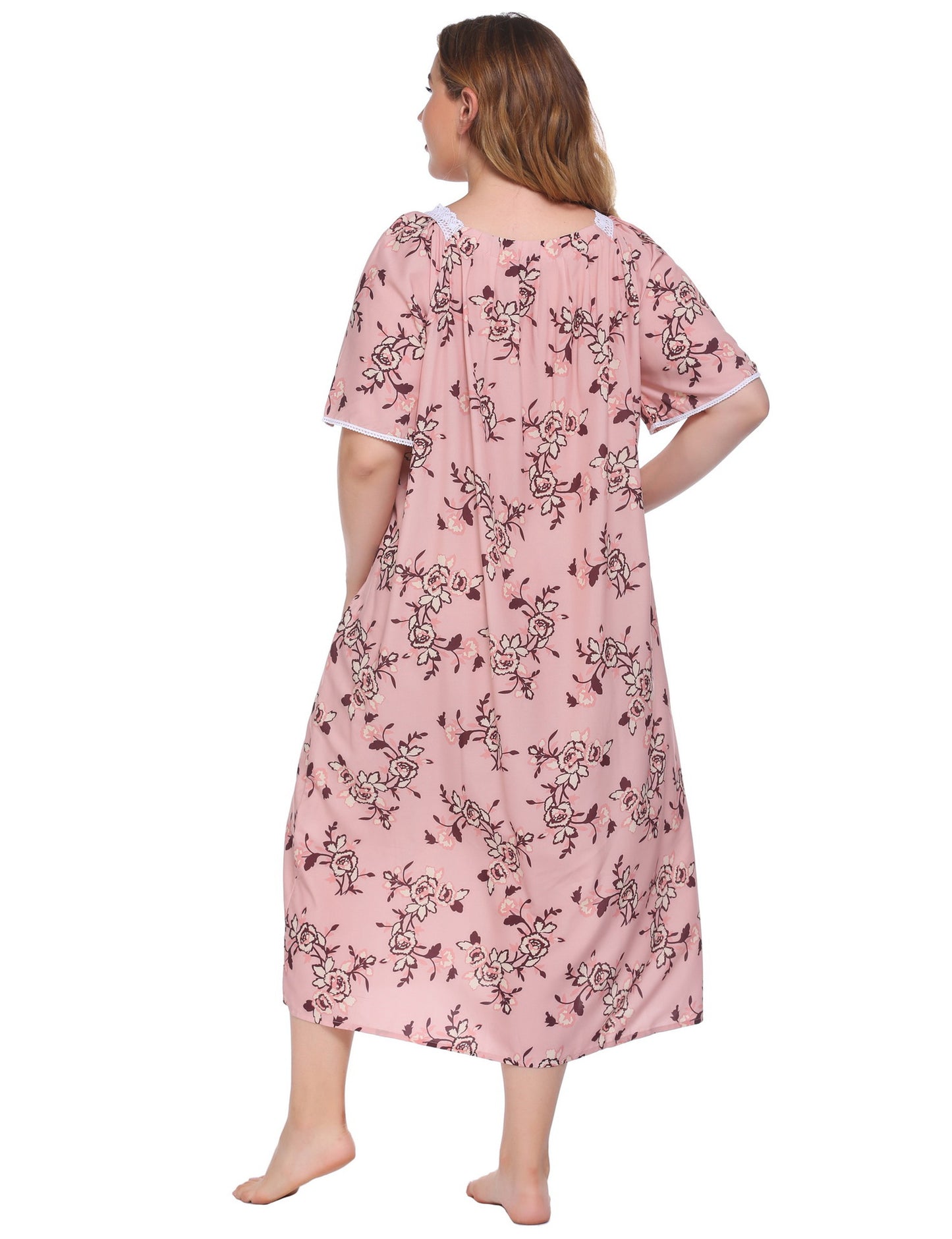 Plus Size Homewear Pajamas Lace Stitching Short Sleeve Printed Nightdress Women - Wild Amber Fashion