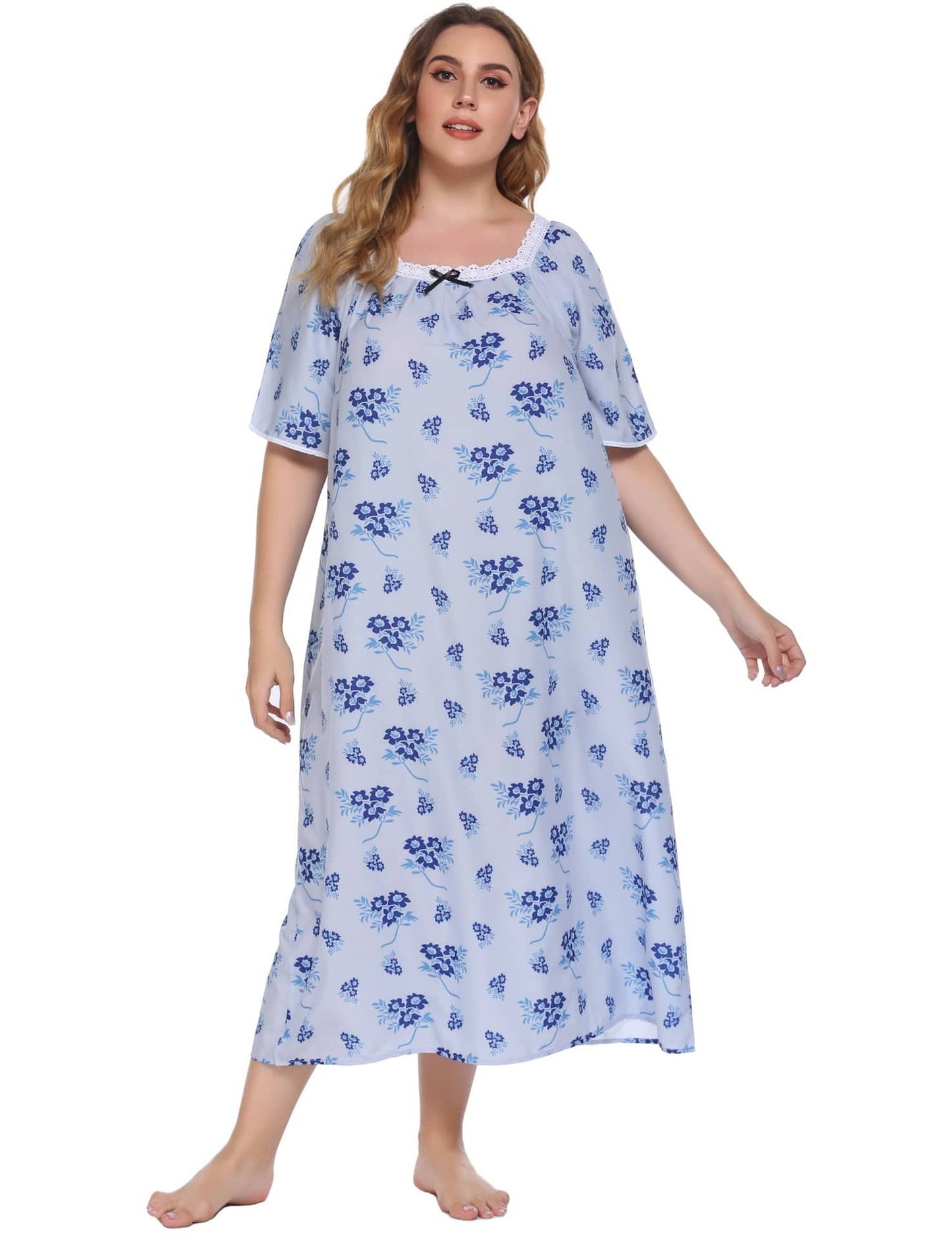 Plus Size Homewear Pajamas Lace Stitching Short Sleeve Printed Nightdress Women - Wild Amber Fashion