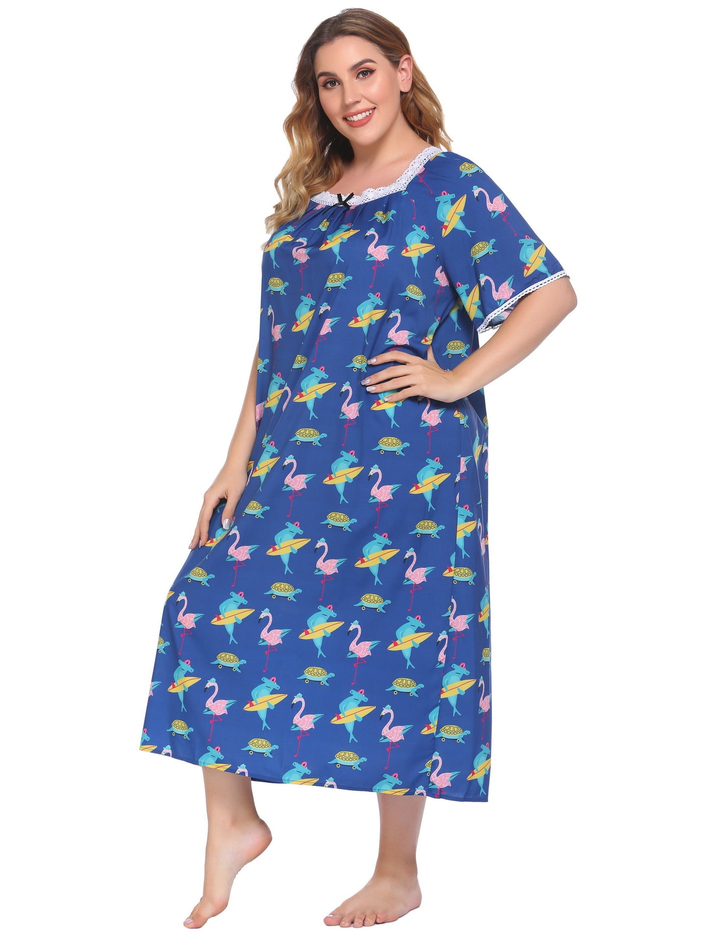 Plus Size Homewear Pajamas Lace Stitching Short Sleeve Printed Nightdress Women - Wild Amber Fashion