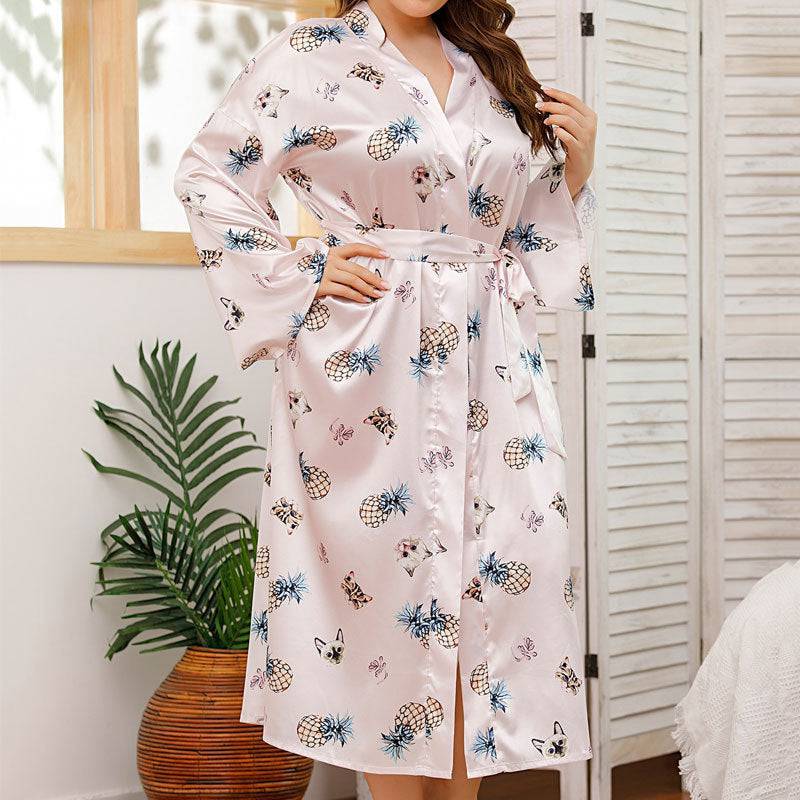 Plus Size Home Pajamas Silk Satin Printed Nightgown - Wild Amber Fashion