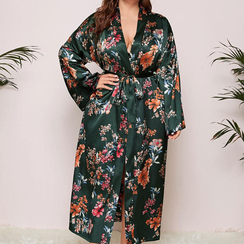 Plus Size Home Pajamas Silk Satin Printed Nightgown - Wild Amber Fashion