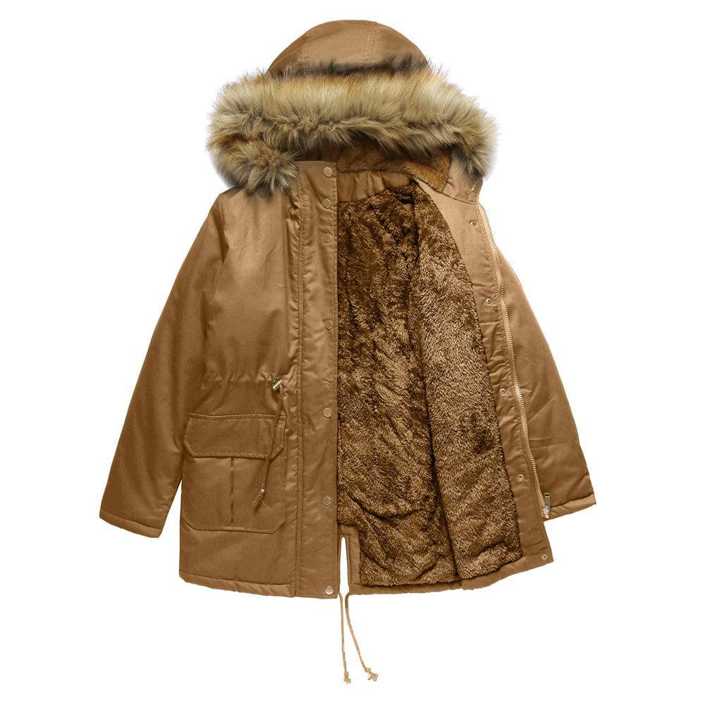 New Size Fleece Lined Coat Hooded Fur Collar Winter Warm Coat Plus Size Women Cotton-Padded Jacket  S Khaki 