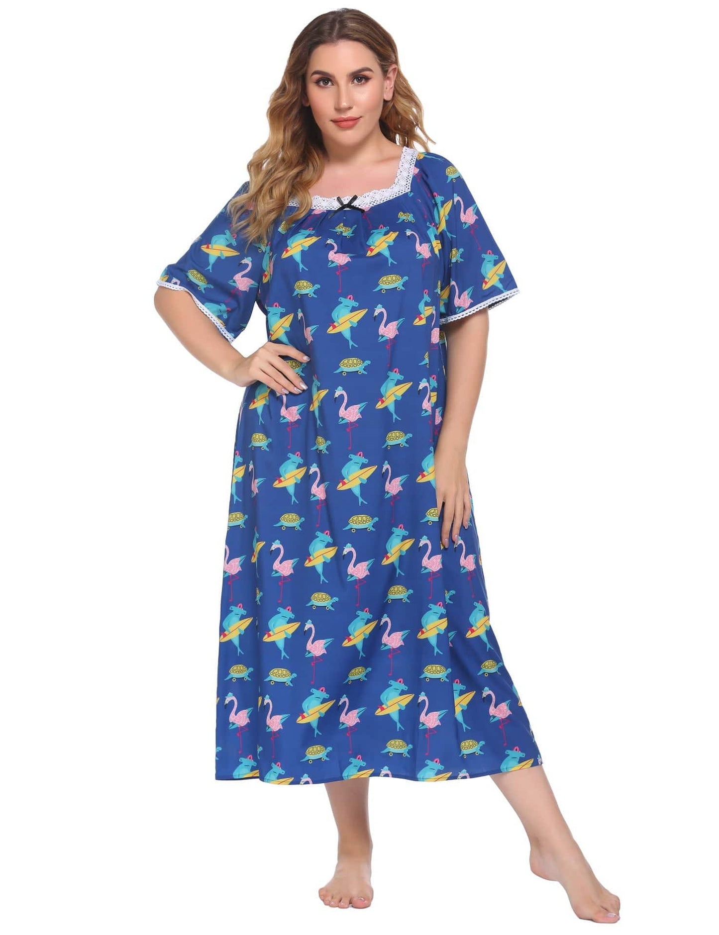 Plus Size Homewear Pajamas Lace Stitching Short Sleeve Printed Nightdress Women - Wild Amber Fashion