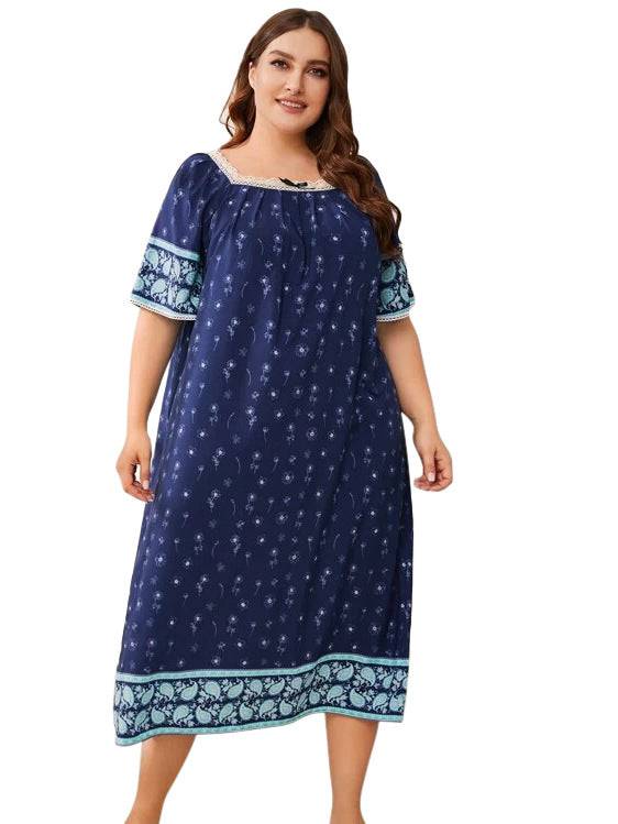 Plus Size Homewear Pajamas Lace Stitching Short Sleeve Printed Nightdress Women - Wild Amber Fashion